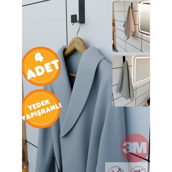 Risingmaber Siyah 4'lü Yapışkanlı Askılık Kapı Arkası Bornoz Askısı Banyo Mutfak Havlu Askısı MT75SD