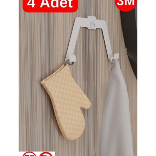 Risingmaber 3M Yapışkanlı Beyaz Çift Kancalı Askılık, Bornoz Askı, Mutfak Banyo Askısı(4 Adet) MT90B