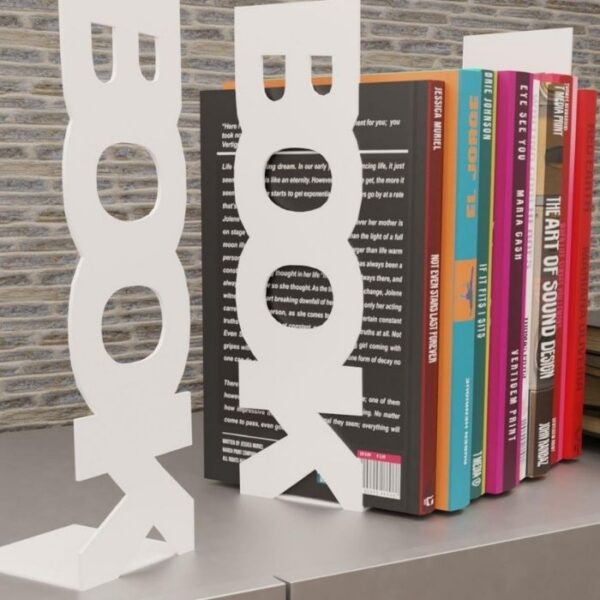 Risingmaber Dekoratif Beyaz Dikey Book Yazı Tasarımlı Metal Kitap Tutucu(İkili Set) MK11B