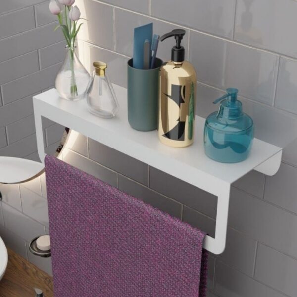 Risingmaber Metal Beyaz Havlu Askısı, Mutfak Banyo Raflı Havluluk, Metal Raflı Havluluk, Havlu Tutacağı MT42BD