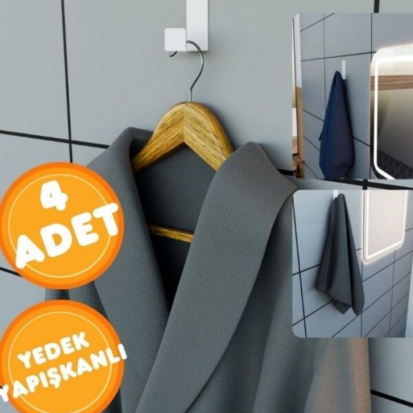 Risingmaber Beyaz 4'lü Yapışkanlı Askılık Kapı Arkası Bornoz Askısı Banyo Mutfak Havlu Askısı MT75BD