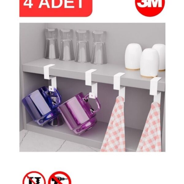 Risingmaber Beyaz Metal Yapışkanlı 4lü Askılık, Yapışkanlı Kanca, Mutfak Banyo Havluluk ve Organizer MT108B