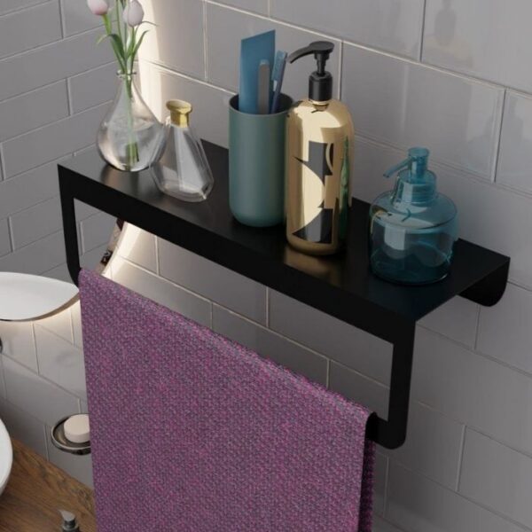 Risingmaber Metal Siyah Havlu Askısı, Mutfak Banyo Raflı Havluluk, Metal Raflı Havluluk, Havlu Tutacağı MT42SD