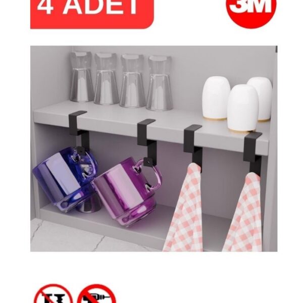 Siyah Metal Yapışkanlı 4lü Askılık, Yapışkanlı Kanca, Mutfak Banyo Havluluk ve Organizer MT108S