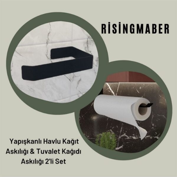 Risingmaber Metal Mat Siyah Yapışkanlı Tuvalet Kağıtlık ve Kağıt Havluluk İkili Set Yapışkanlı Wc Kağıtlık ve Kağıt Havlu Askısı 3M Yapışkanlı Tasarım  MT74S